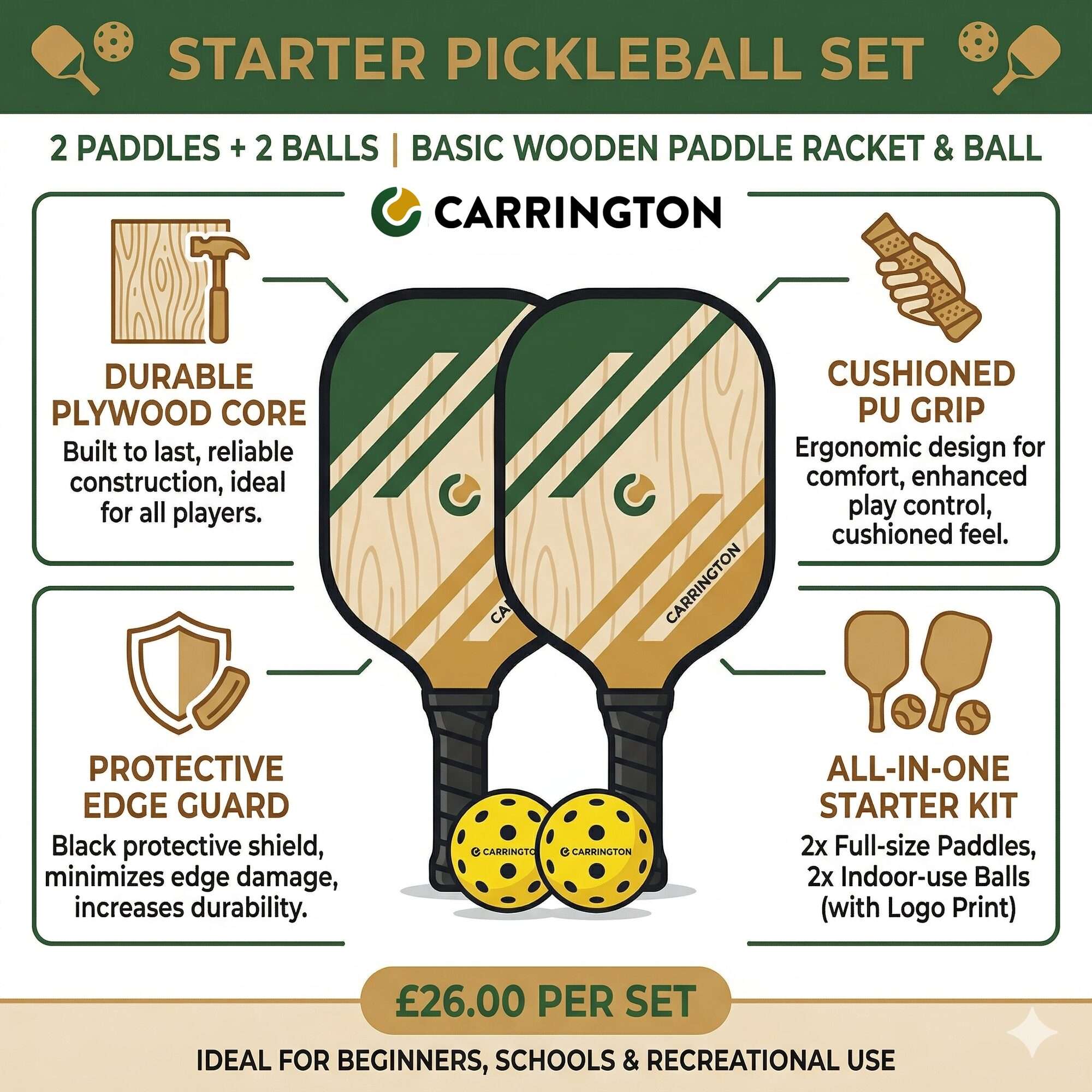 Image du produit : Pickleball - Houten racket en bal (set van 2)